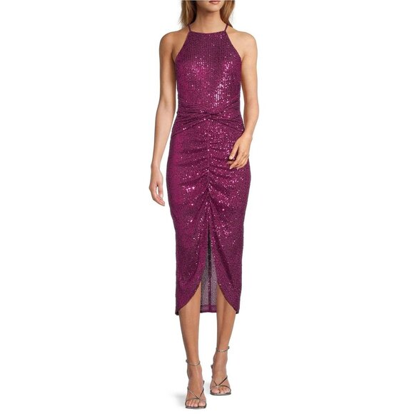 Belle Badgley Mischka Isabella Sequin Dress Size 8 Fuchsia Pink Mock Neck New - Picture 8 of 8